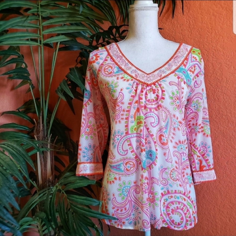 Gretchen Scott Georgette Paisley Paradise Top Wisp Pink White Small